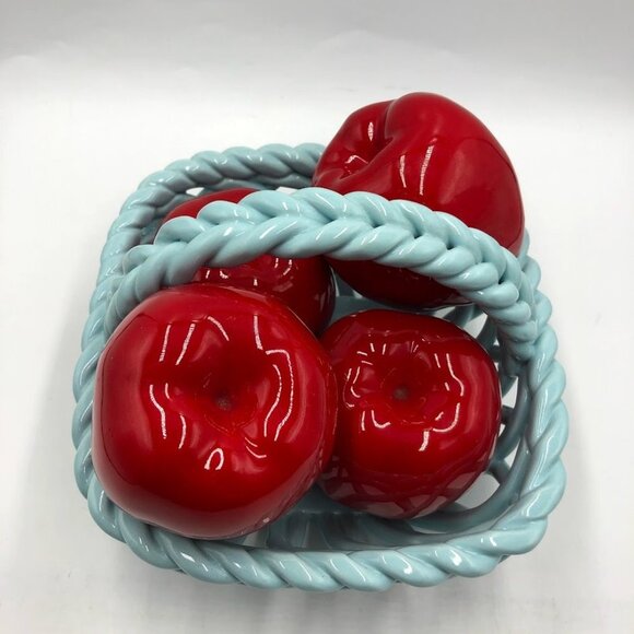 Grace's Pantry Light Blue Hand Woven Ceramic Basket With 4 Faux Apples - Picture 10 of 15